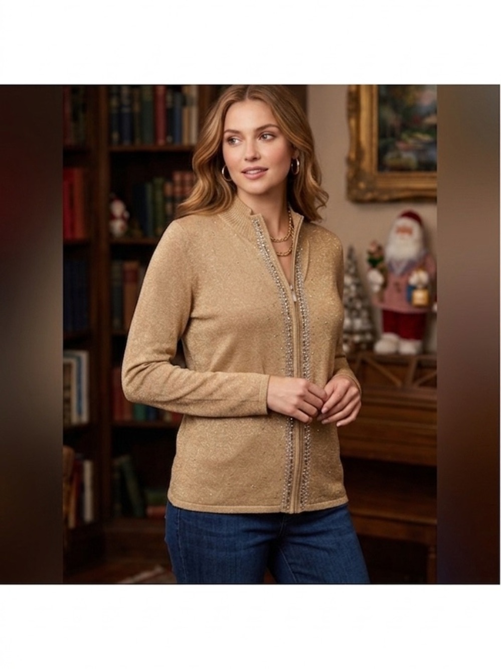 Fontana Gold Embellished Sparkle Rhinestone Zip-Up Sweater NWT 119.00